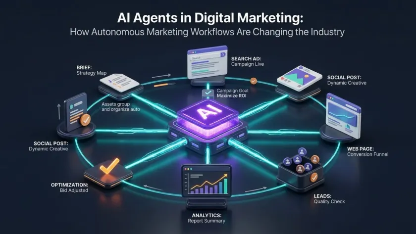 AI-агент, координирующий рекламу, аналитику, контент, лендинги и лидогенерацию в рамках автономного рабочего процесса цифрового маркетинга