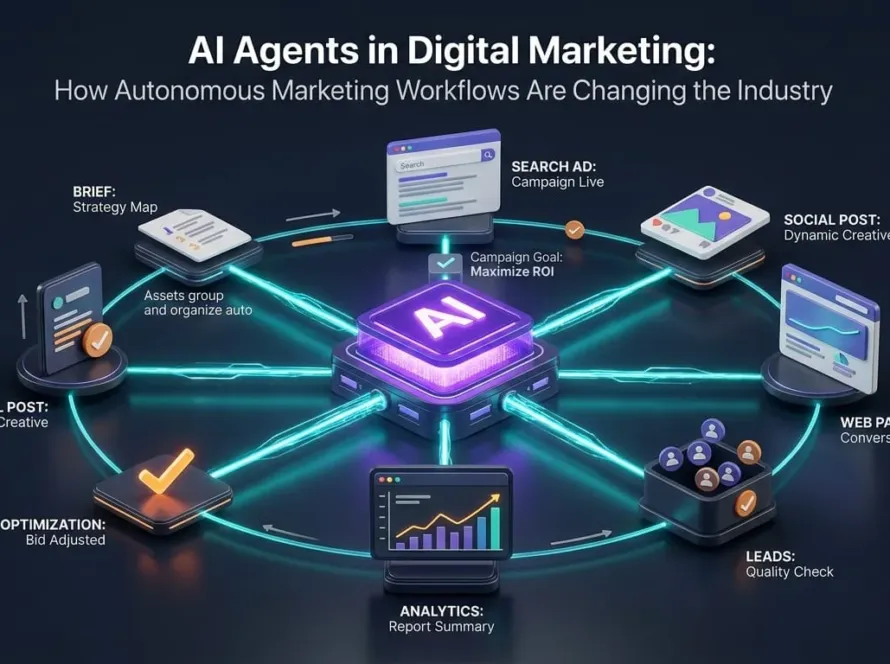 AI agent coordinating advertising, analytics, content, landing pages and lead generation inside an autonomous digital marketing workflow