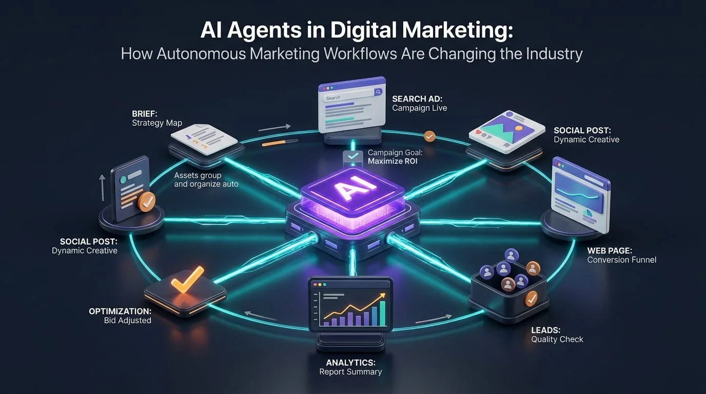 AI agent coordinating advertising, analytics, content, landing pages and lead generation inside an autonomous digital marketing workflow