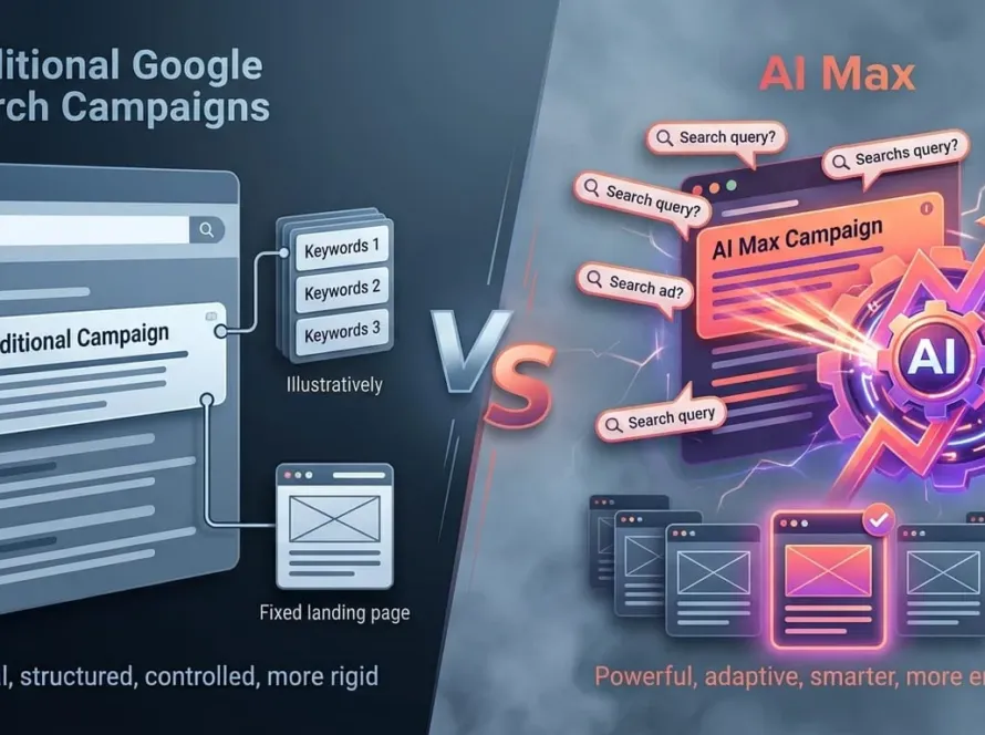 Comparison between traditional Google Search campaigns and AI Max advertising optimization