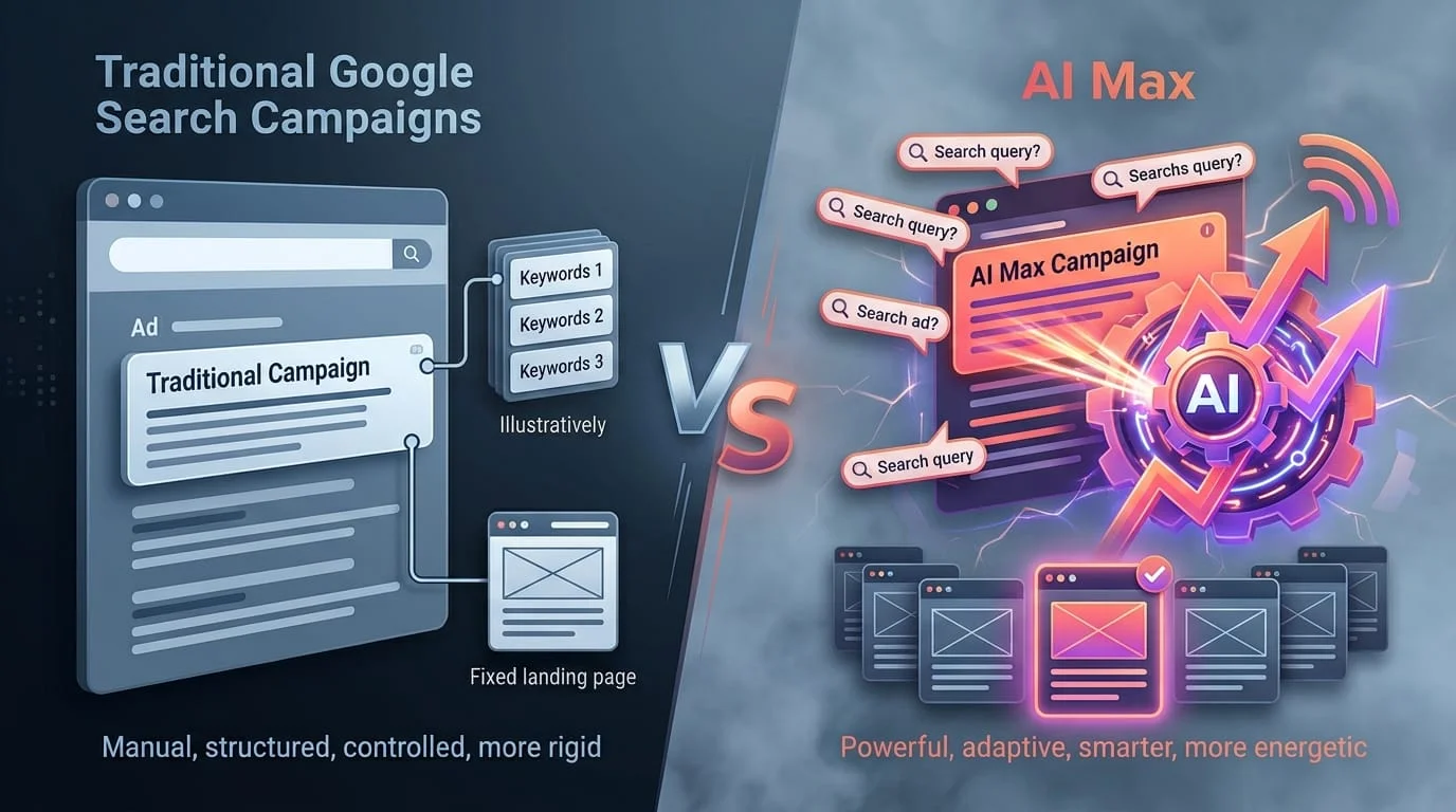 Comparison between traditional Google Search campaigns and AI Max advertising optimization