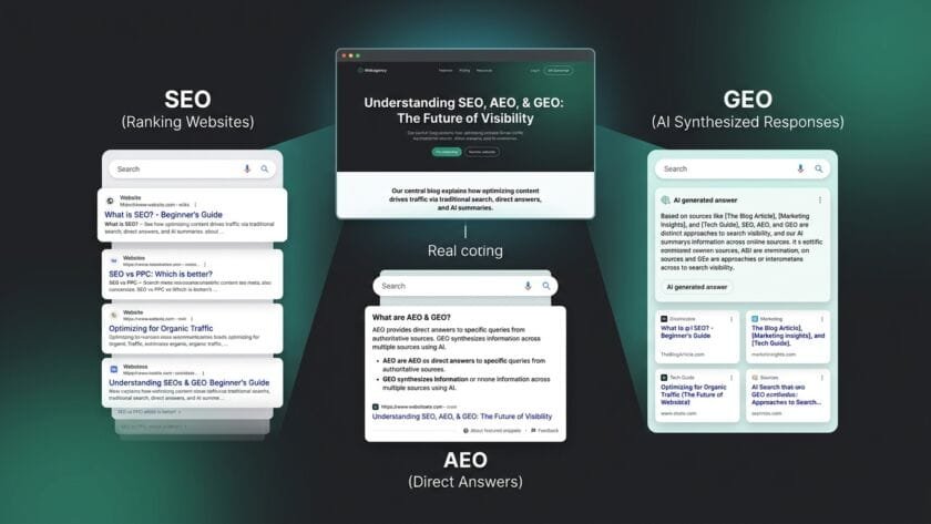 Визуальное сравнение стратегий SEO, AEO и GEO для оптимизации сайта под поиск на базе ИИ