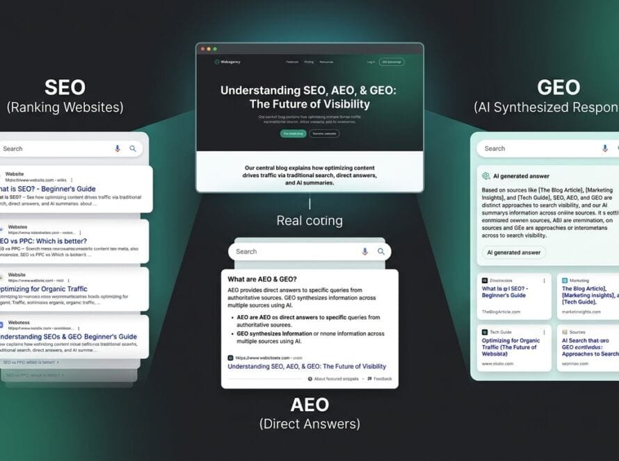 Visual comparison of SEO, AEO and GEO strategies for optimizing a website for AI search