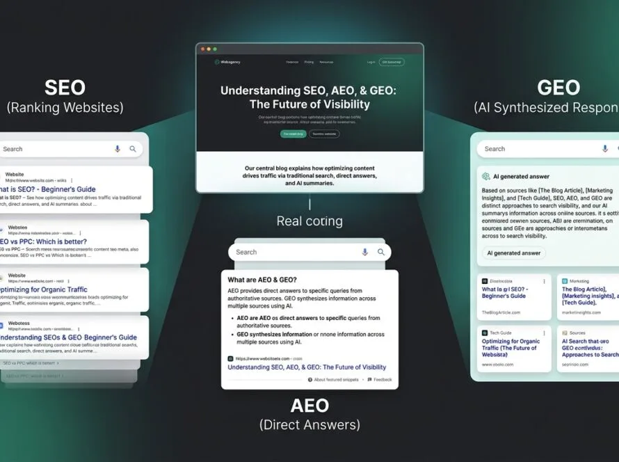 Visual comparison of SEO, AEO and GEO strategies for optimizing a website for AI search
