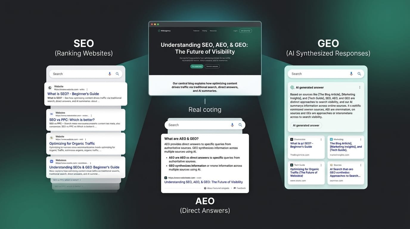Visual comparison of SEO, AEO and GEO strategies for optimizing a website for AI search