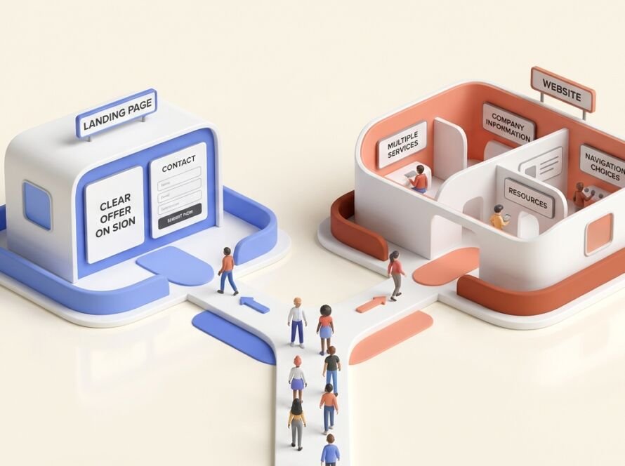 3D illustration comparing a focused landing page with a full website as destinations for paid advertising traffic