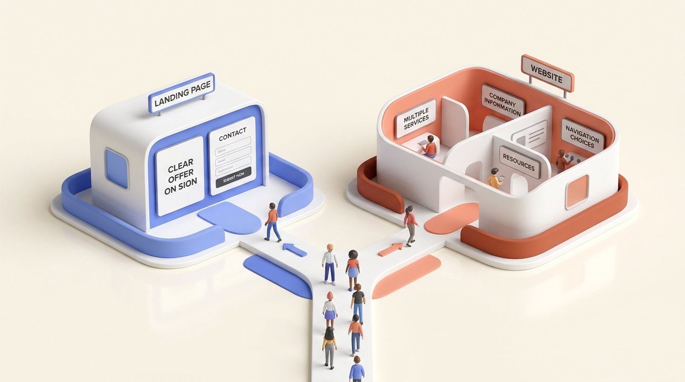 3D illustration comparing a focused landing page with a full website as destinations for paid advertising traffic