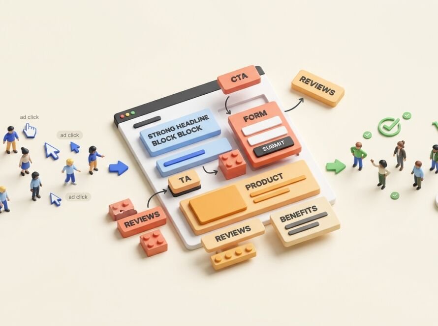 3D illustration of a landing page being built from key conversion elements and turning paid traffic into customers