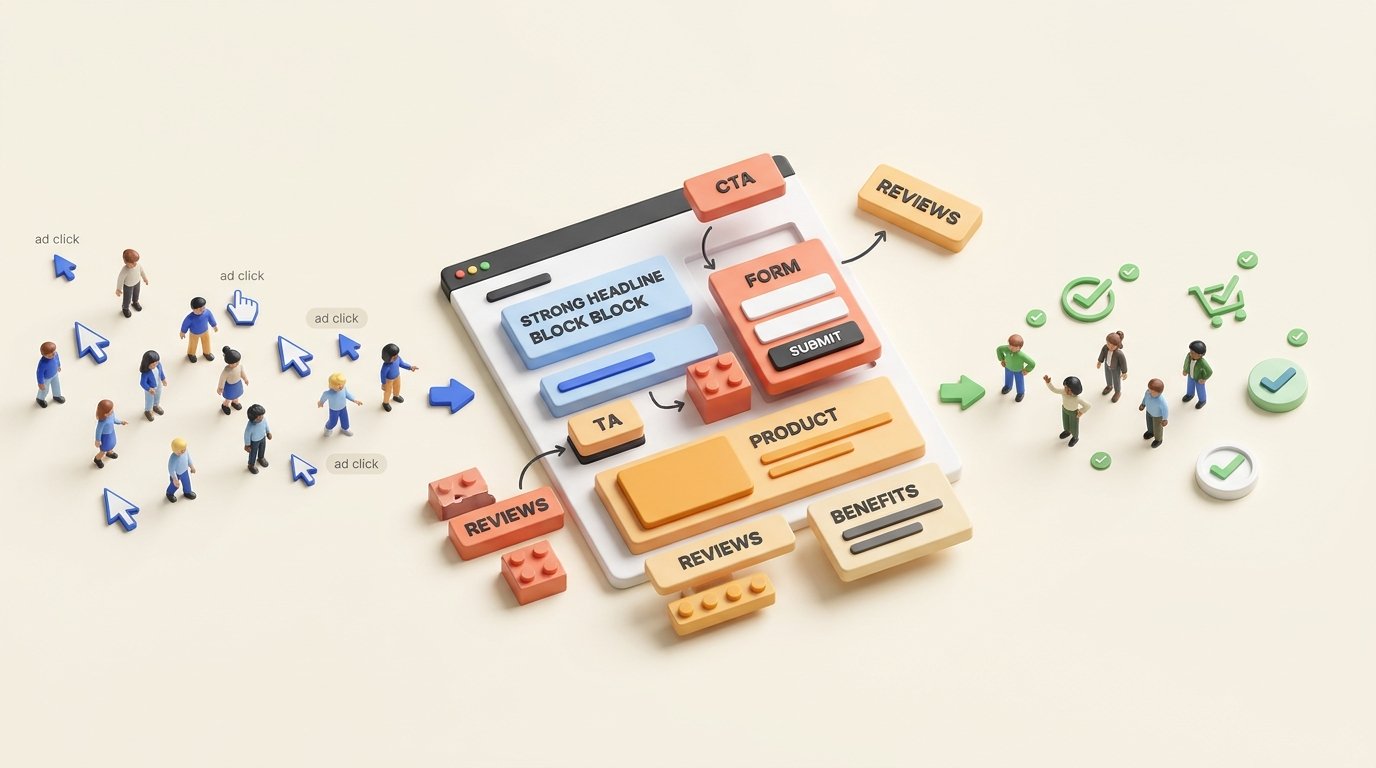 3D illustration of a landing page being built from key conversion elements and turning paid traffic into customers