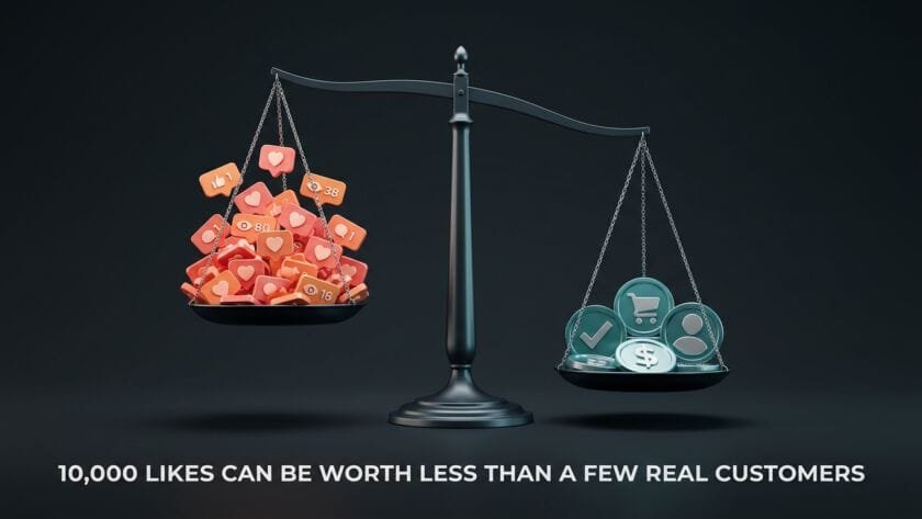 Balance scale showing many social media likes and views outweighed by fewer real leads, customers and revenue