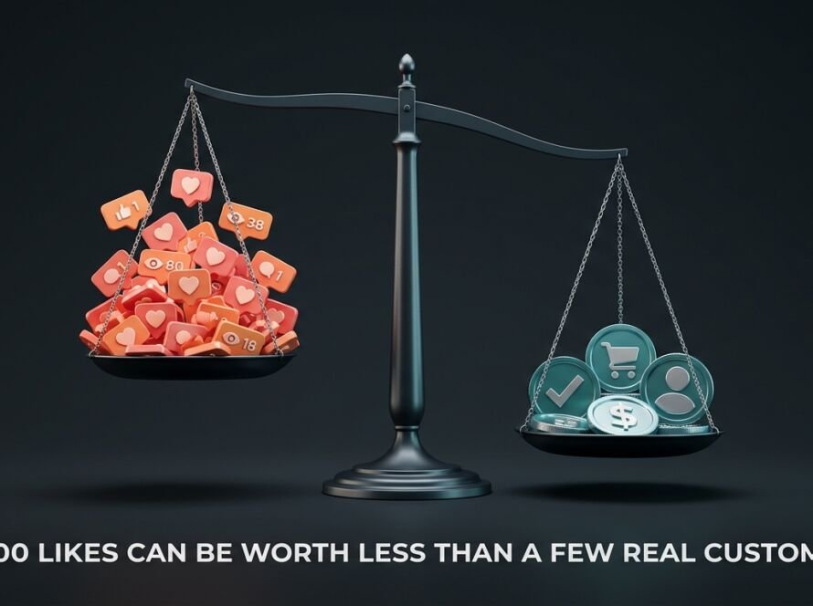 Balance scale showing many social media likes and views outweighed by fewer real leads, customers and revenue