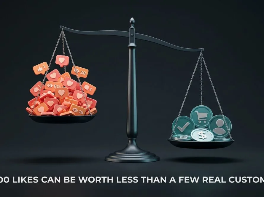 Balance scale showing many social media likes and views outweighed by fewer real leads, customers and revenue