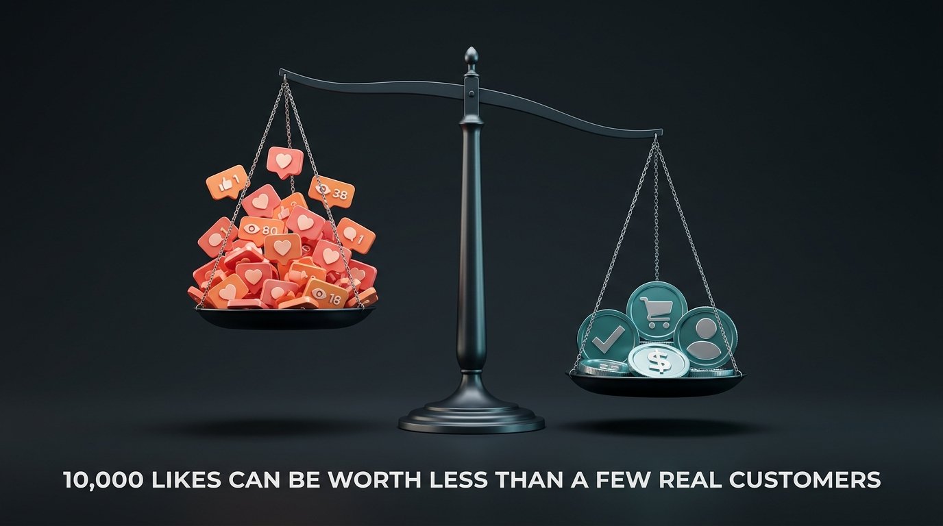 Balance scale showing many social media likes and views outweighed by fewer real leads, customers and revenue