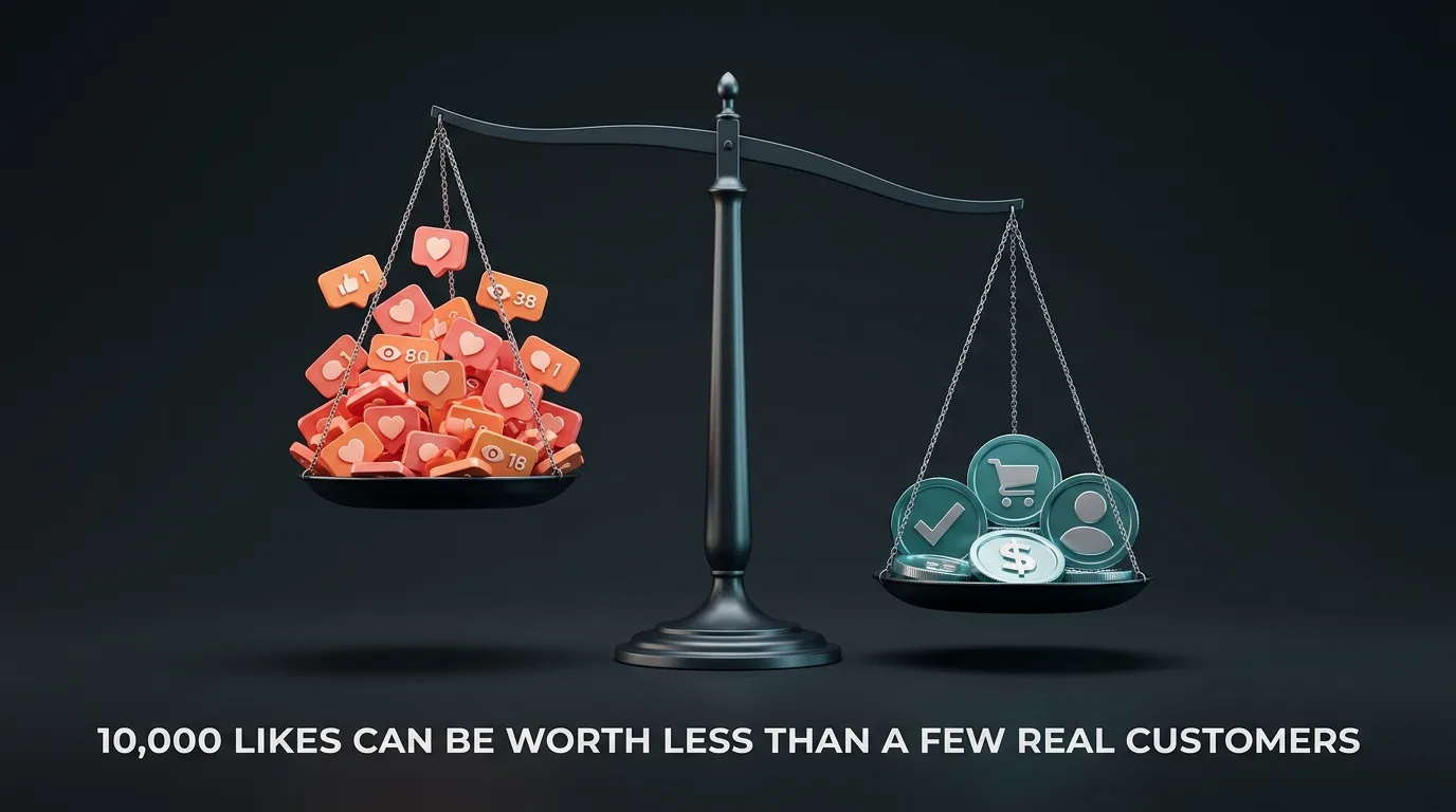 Balance scale showing many social media likes and views outweighed by fewer real leads, customers and revenue