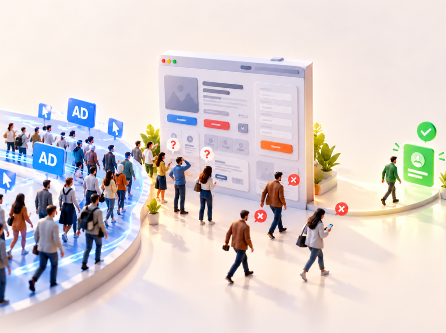 3D illustration showing many advertising visitors reaching a confusing landing page while only a few become leads