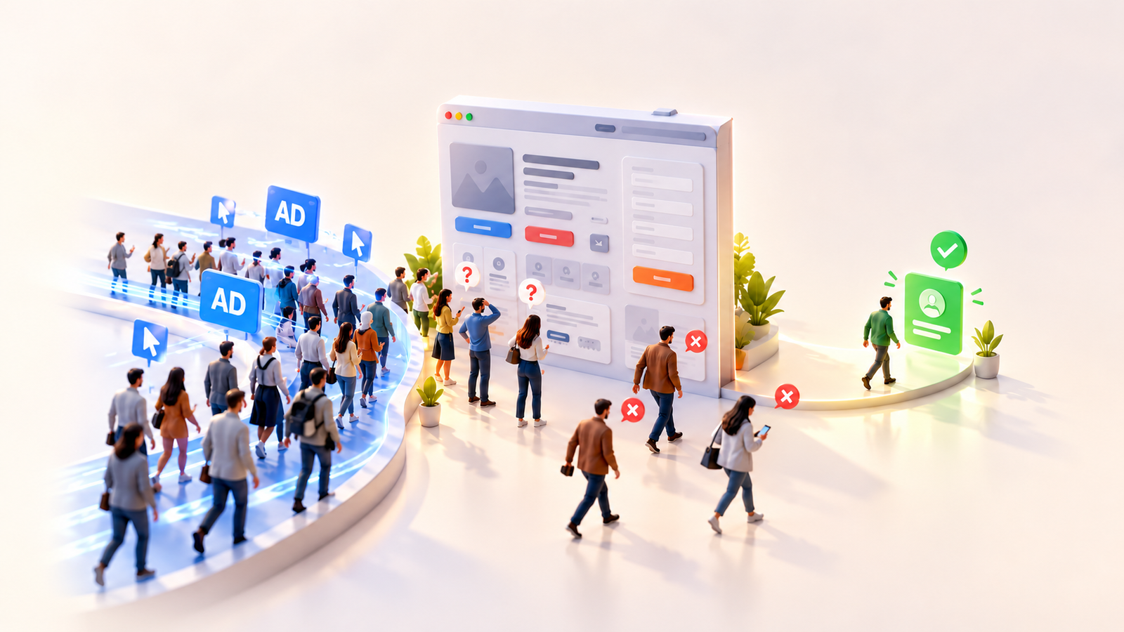 3D illustration showing many advertising visitors reaching a confusing landing page while only a few become leads